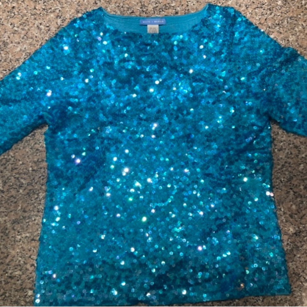 White & Warren Sequined Top 3/4 sleeve